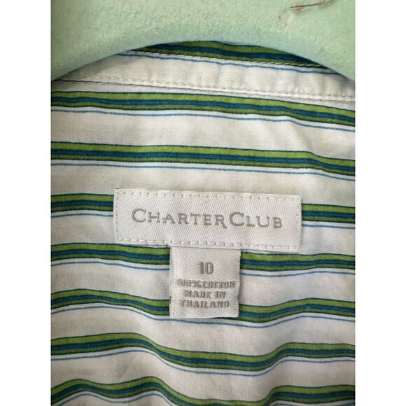 Charter Club Womens White Green Blouse 10 collared button up long sleeve cotton - Picture 3 of 6